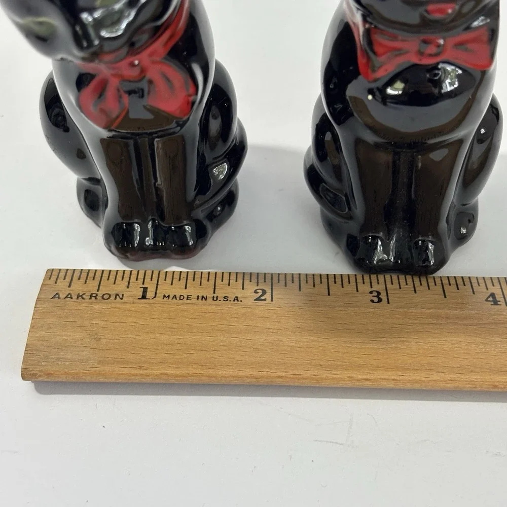 Vintage Shafford Black Cat Salt Pepper Shakers Set Redware Green Eyes Japan
